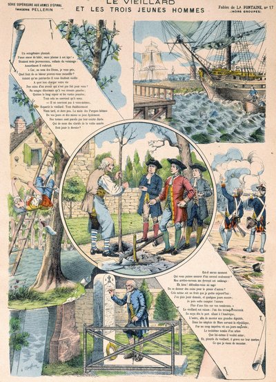 De oude man en de drie jonge mannen - Fabels van La Fontaine in afbeeldingen van Epinal door French School