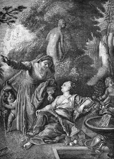 De oude prostituees werden koppelaarsters. Gravure in 