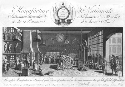 De enige fabriek in Frankrijk van goede scheermessen van gesmolten staal op dezelfde manier als die van Sheffield in Engeland, Yorkshire, eind 18e eeuw door French School
