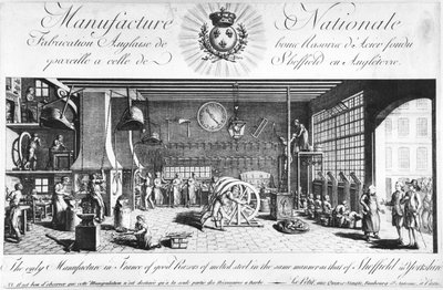 De enige fabriek in Frankrijk van goede scheermessen van gesmolten staal op dezelfde manier als die van Sheffield in Engeland, Yorkshire, laat 18e eeuw door French School