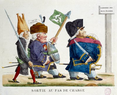 De uittocht bij de ladingstap. Cartoon toont mannen die de barrière van de goede mannen oversteken onder de Restauratie (1823). Gravure uit 1823. Parijs, Musee Carnavalet door French School