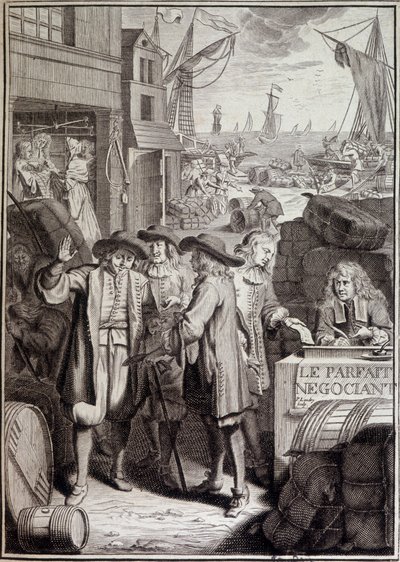 De perfecte onderhandeling (conclusie van een mars op een haven in de 18e eeuw) - frontispice van een werk door Jacques Savary door French School