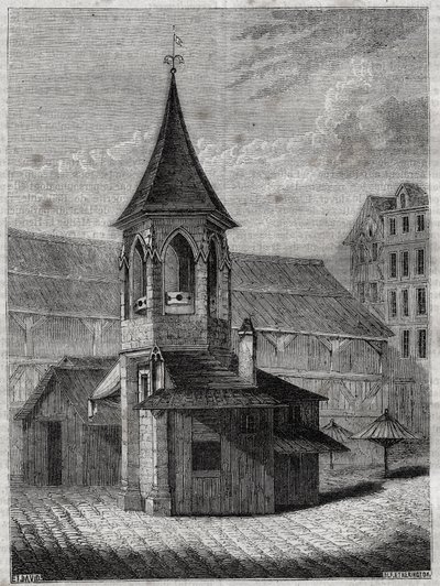 De schandpaal van de hallen in de 18e eeuw, gebouwd op het oude kerkhof van de Onschuldigen - Gravure in 