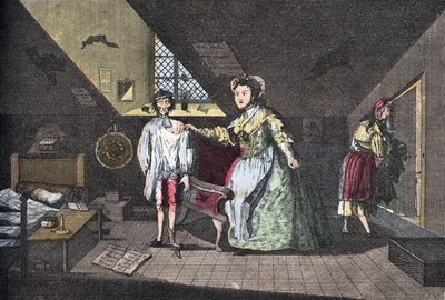 De vrome kleermaker betrapt op overspel. Gravure door Cabbage uit 1768 in Lire Et Galanterie. Wekelijkse collectie van Galante afbeeldingen onder leiding van John Grand-Carteret. 1903-1904 door French School