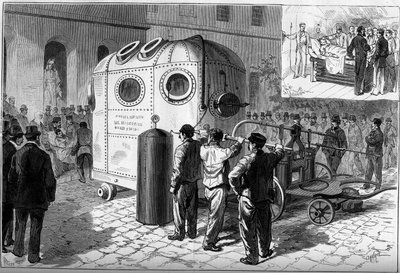De pneumatische bel gebruikt om patiënten te verdoven tijdens chirurgische operaties. Saint Louis Ziekenhuis in Parijs door French School