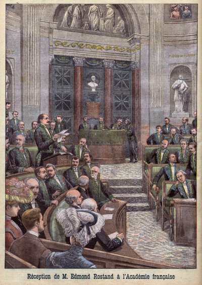 De dichter en toneelschrijver Edmond Rostand wordt ontvangen in de Académie Française voor Le Petit Journal door French School