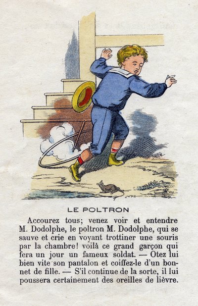De lafaard. Een kind dat met de hoepel speelt, bang gemaakt door een muis. Jongens alfabet. Abecedarium met morele waarde met leesoefeningen. Beeld van Epinal eind 19e eeuw door French School