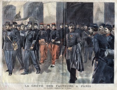 De poststaking: soldaten en gemeentewachten belast met de verdeling van brieven in Parijs. Gravure uit 1899 in 
