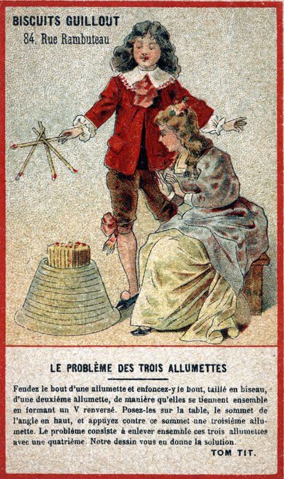 Het probleem van drie lucifers: kinderkaart die een spel in de vorm van een puzzel (raadsel) aanbiedt. Chromolithografie van de 19e eeuw. door French School