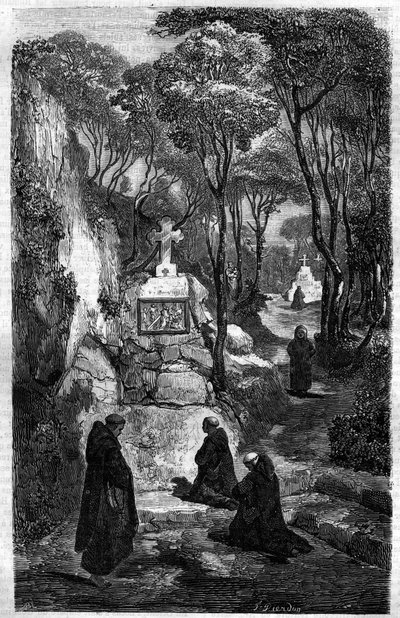 De religieuzen van Sint Benoit (Saint Benoit) in gebed. Gravure in 