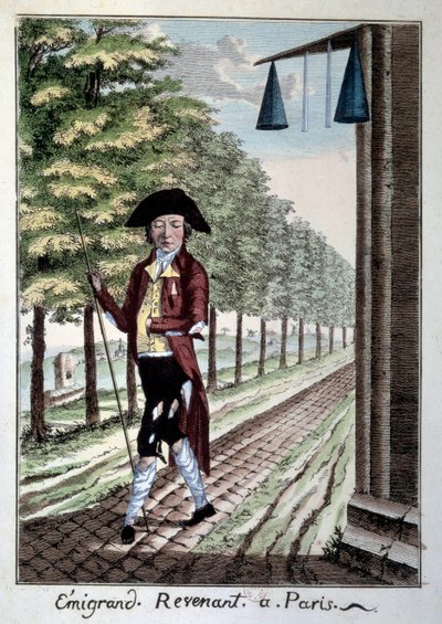 De terugkeer van een emigrant aan het einde van de Franse Revolutie. Een edelman met gescheurde kleren die de stad ontvluchtte tijdens de Revolutie. Gravure uit de 19e eeuw Parijs, Musee Carnavalet door French School