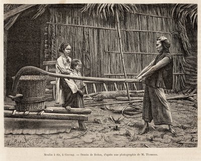 De rijstmolen, voor het huis van een boer in Gocong, gravure naar een tekening van Robin ter illustratie van de reis naar Cochinchine, door dokter Morice, in 1872, gepubliceerd in 