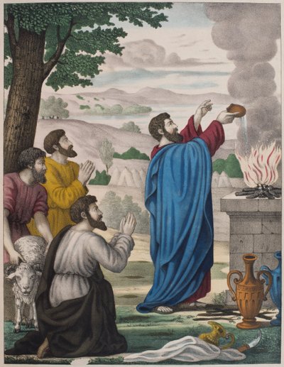 De rivaliserende offers van Elia en de priesters van Baäl, illustratie uit een catechismus L
