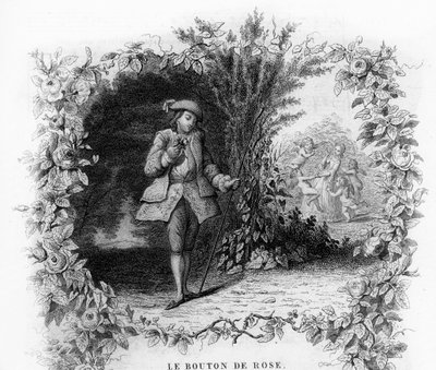 De rozenknop. Een eenzame en romantische jongeman in een tuin waar een jonge vrouw wordt omringd door cupido. Gravure in 