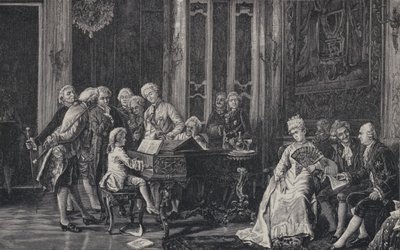 De zevenjarige Wolfgang Amadeus Mozart speelt voor koning George III in Londen, 1764 door French School