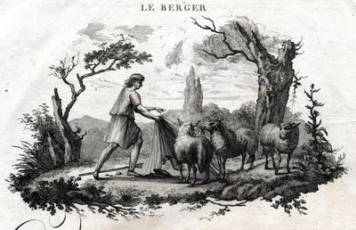 De herder. Fabel van Esope. Geschreven door Guillaume Montfort en gegraveerd door Beauble in 1801. door French School