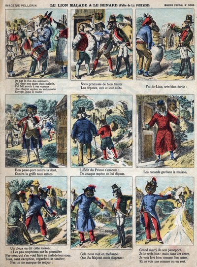 De zieke leeuw en de vos. Fabels van Jean de La Fontaine (1621-95). Epinal afbeelding eind 19e eeuw. door French School