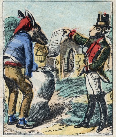De zieke leeuw en de vos. Fabels van Jean de La Fontaine (1621-95). Epinal afbeelding eind 19e eeuw. door French School