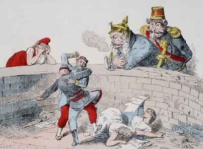 De situatie - Gauillaume: We moeten gekken helpen, Badingue (Napoleon III): Laat ze mijn broer doen, het zal tijd zijn om in te grijpen wanneer ze (de Parijzenaars) zichzelf hebben verslonden. Cartoon over de Commune. door French School