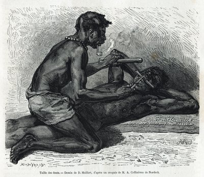 Het vijlen van de tanden in de Okanda, tekening door D. Maillard, ter illustratie van het verhaal van een reis naar Gabon en de Ogoue-rivier in 1875-1877, door Alfred Marche. Gravure in Le tour du monde door French School