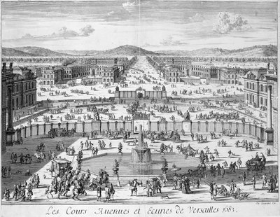 De stallen en poorten van Versailles gezien vanaf het paleis, 1683 door French School