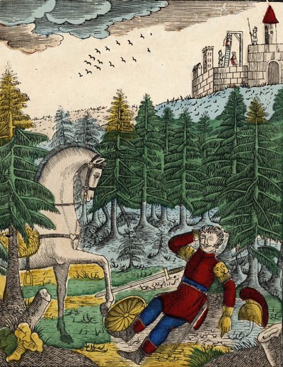 Het verhaal van de vier zonen Aymon; Bayard, die het geluid van de soldaten hoorde die Ripas bij zich had om Richard op te hangen, wekt Regnault door op zijn schild te slaan (spinal afbeelding 19e eeuw) door French School