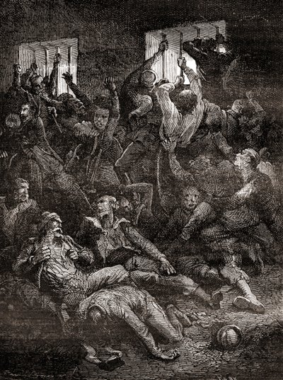 Het lijden en de dood door slechte ventilatie, van Engelse gevangenen in het Zwarte Gat van Calcutta, een kleine kerker in het oude Fort William in Calcutta, India, waar troepen van de Nawab van Bengalen, Siraj ud-Daulah, Britse krijgsgevangenen vasthielde door French School