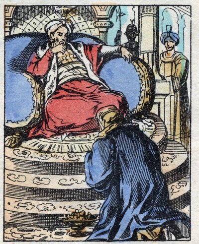 De sultan is verbaasd over de diamanten die Aladin hem aanbiedt om de hand van zijn dochter te vragen. Gravure van het verhaal van Duizend-en-een-nacht 