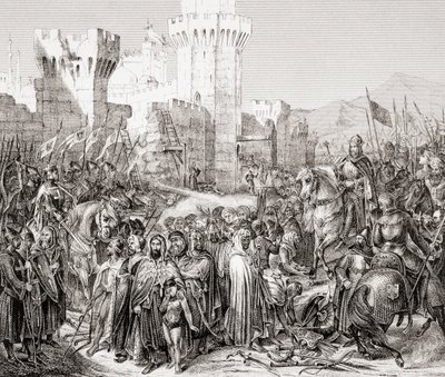 De overgave van Akko aan Filips II van Frankrijk, genaamd Filips Augustus, tijdens de Derde Kruistocht, uit L