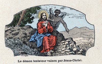 De verleidende demon verslagen door Jezus Christus. Jezus Christus werd door de geest naar de woestijn geleid en werd verleid door de duivel. In 