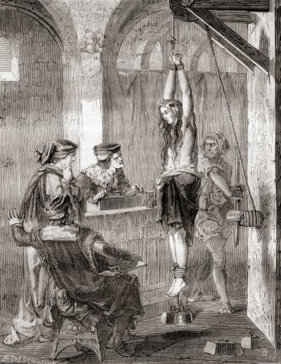De marteling van een vrouw beschuldigd van hekserij in de middeleeuwen, uit Les Merveilles de la Science, gepubliceerd ca.1870 (litho) door French School