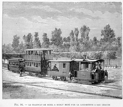 De tram van Rueil naar Marly, geleid door de warmwaterlocomotief - in 