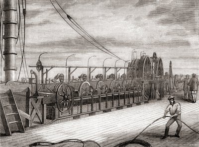 De trans-Atlantische telegraafkabel afwikkelunit aan boord van de S.S. Great Eastern door French School