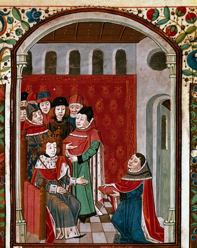 De vertaler Jean de Meung schenkt zijn werk aan koning Filips IV de Schone (miniatuur uit 