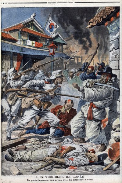 De onrust in Korea, de Japanse wacht worstelt met de oproerkraaiers in Seoul, ontevreden over de abdicatie van Yi-Yeung (