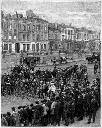 De velocipèderace van Bordeaux naar Parijs: de velocipèdisten vertrekken uit Bordeaux op 23 mei 1891 om 5 uur 