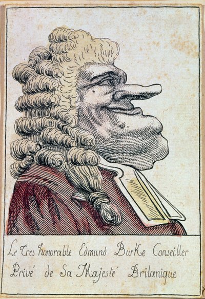 De zeer eerbiedwaardige Edmund Burke, privé-adviseur van Zijne Majesteit, de Britse koning, Franse karikatuur, ca. 1790 door French School