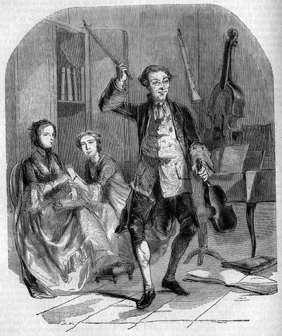 De violist en componist Jean Philippe (Jean-Philippe) Rameau (1683-1764) componeert, omringd door leden van zijn familie. Gravure door Andrieux door French School
