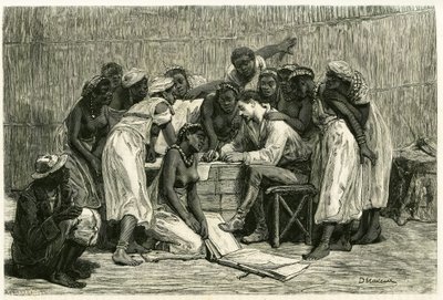 Het bezoek van de koninginnen, de zestien vrouwen van koning Sepopo, in de hut van Dr. Holub. Gravure door D. Maillard, ter illustratie van het verhaal 