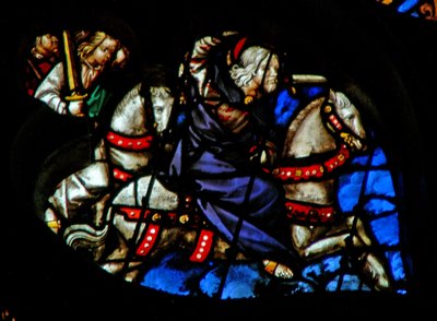 Het westelijke roosvenster met een scène uit het Boek Openbaring: Getrouw en waarachtig, de koning der koningen op een wit paard, met twee andere krijgers achter hem (19:11-16) door French School