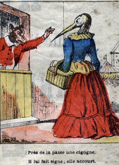 De wolf en de ooievaar. Fabels van Jean de La Fontaine. Epinal afbeelding eind 19e eeuw. door French School