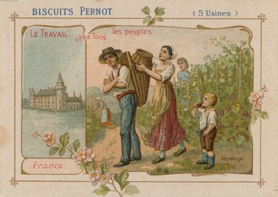 Het werk van het volk illustratie op een koekjeslabel door French School