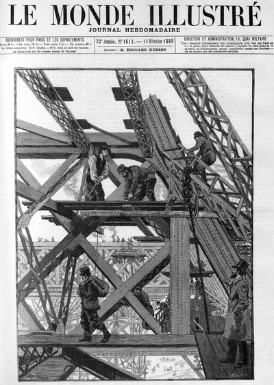 De werken aan de Eiffeltoren voor de wereldtentoonstelling van 1889, de arbeiders zijn vijftig meter boven de grond. In 