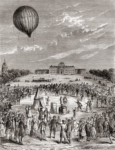 De eerste waterstofballon ter wereld, gelanceerd boven de Champs de Mars, Parijs, Frankrijk in 1783, uit Les Merveilles de la Science, gepubliceerd ca. 1870 door French School
