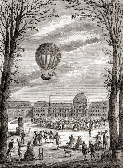 De eerste bemande waterstofballonvlucht ter wereld boven de Champs de Mars, Parijs, Frankrijk op 1 december 1783, bestuurd door Nicolas-Louis Robert en professor Jacques Charles, uit 