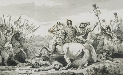 Theodorik wordt gedood in de strijd tegen Attila, nabij Chalons, uit 