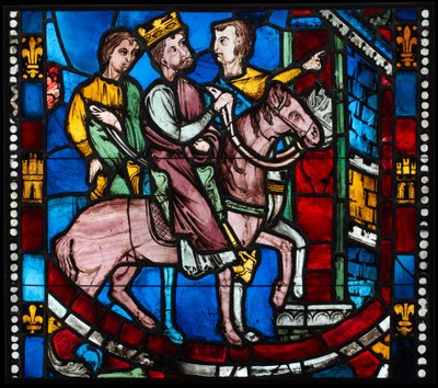 Theodosius arriveert in Efeze, uit een scène uit de legende van de Zeven Slapers van Efeze, c. 1200-1210 (potmetaalglas, glazuurverf) door French School