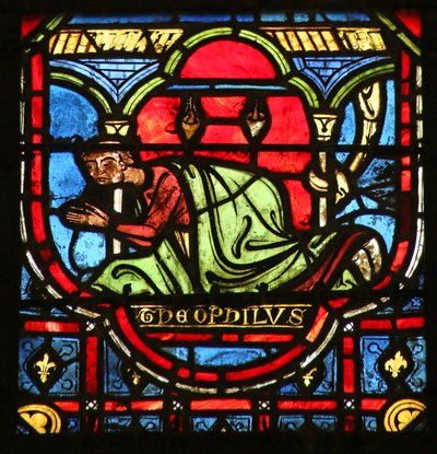 Theophilus werpt zich neer voor een standbeeld van de Maagd Maria door French School