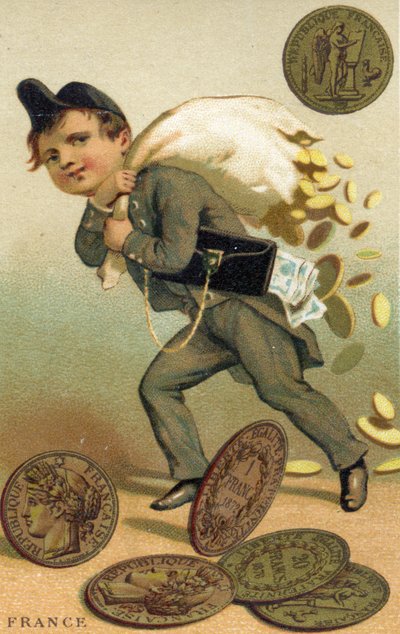 Dief die ontsnapt met een zak Franse francs en bankbiljetten, uit een serie promotiekaarten over valuta in verschillende landen, gepubliceerd in Parijs door Baster & Vieillemard voor gebruik door de chocoladeproducent door French School