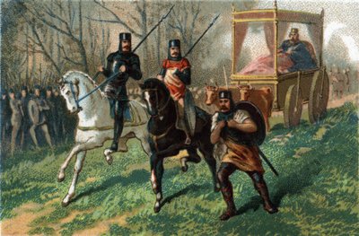 Thierry III, de luie koning van 673 tot 691, rijdt door Parijs in zijn door ossen getrokken wagen. Chromolithografie rond 1890 door French School